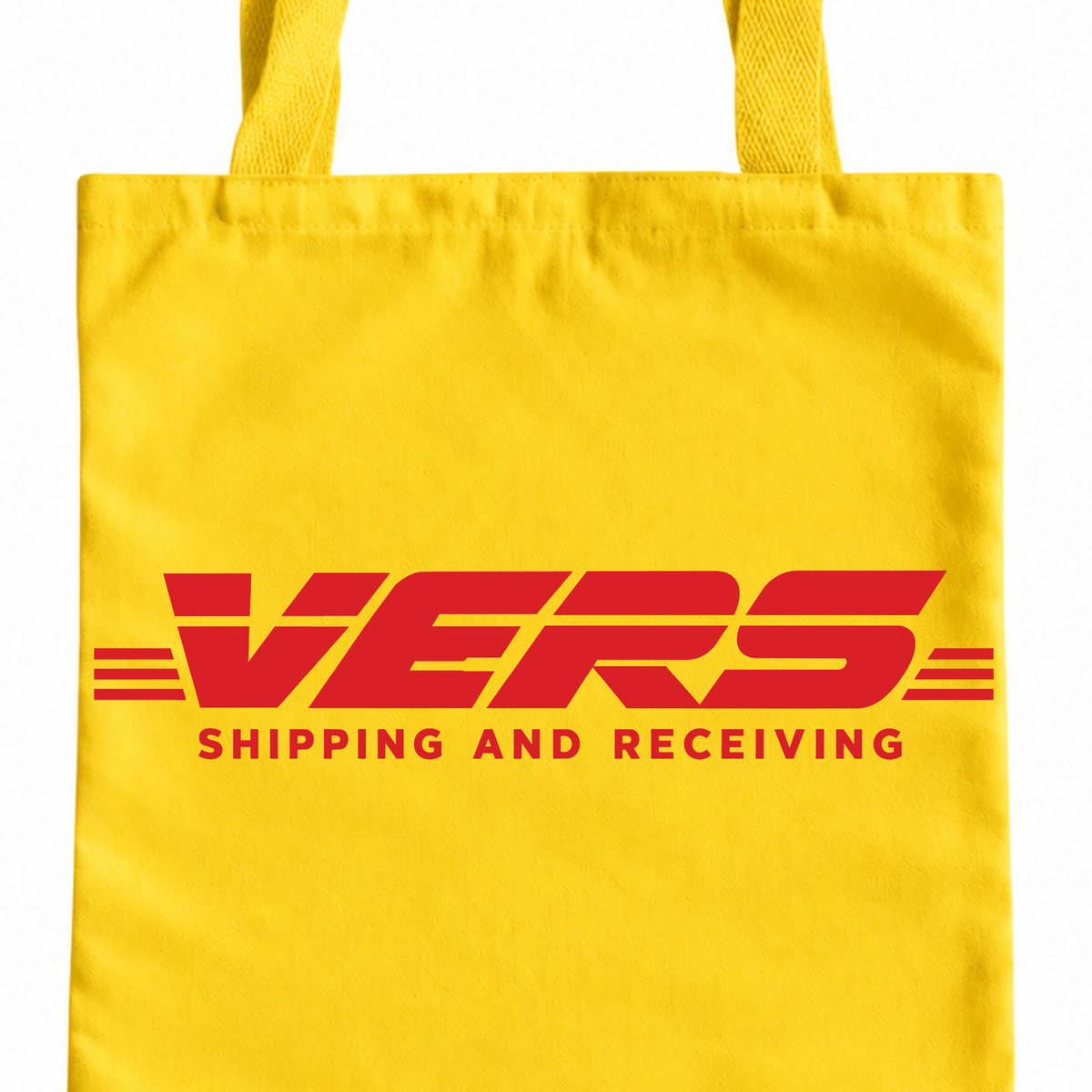VERS Shipping and Receiving yellow tote bag with red lettering