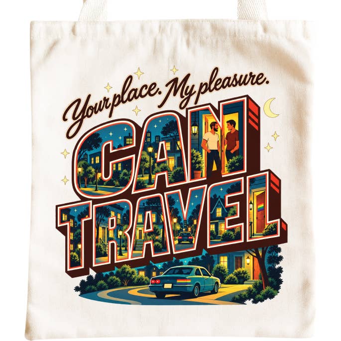 Can Travel Tote Bag - retro postcard style gay humor design