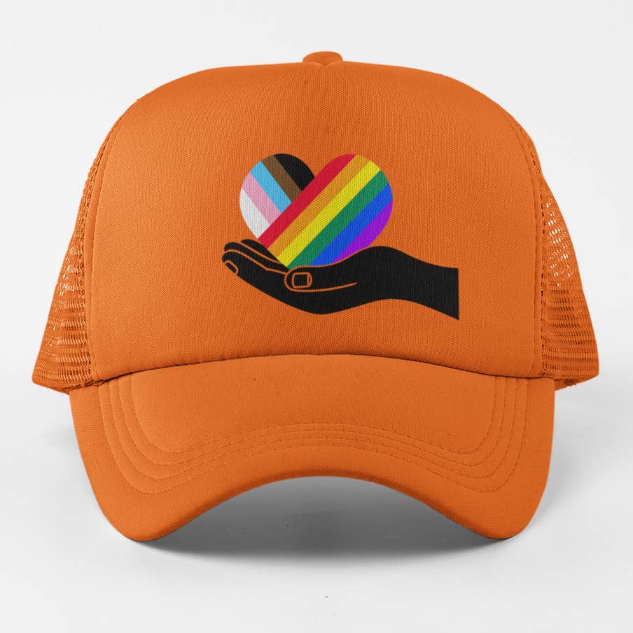 Pride Heart in Hand Trucker Hat - orange with rainbow heart