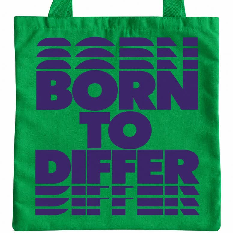 Born to Differ Tote Bag - green with purple lettering