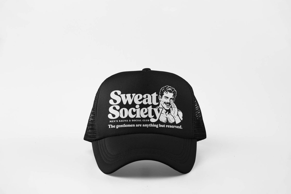 Sweat Society Trucker Hat - retro gay sauna club design on black