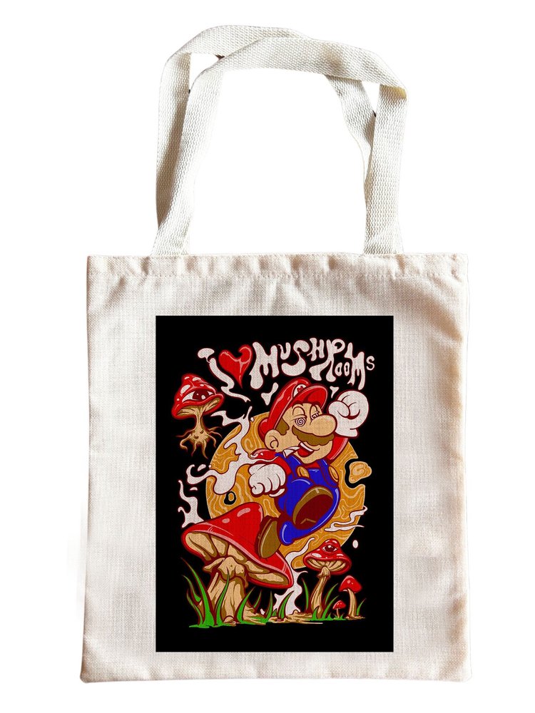 Video Game Inspired "I Love Mushrooms" Tote Bag