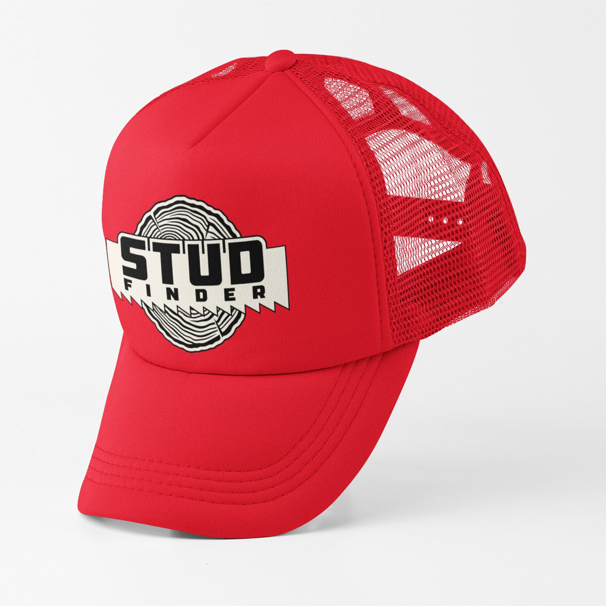 Stud Finder red trucker hat side