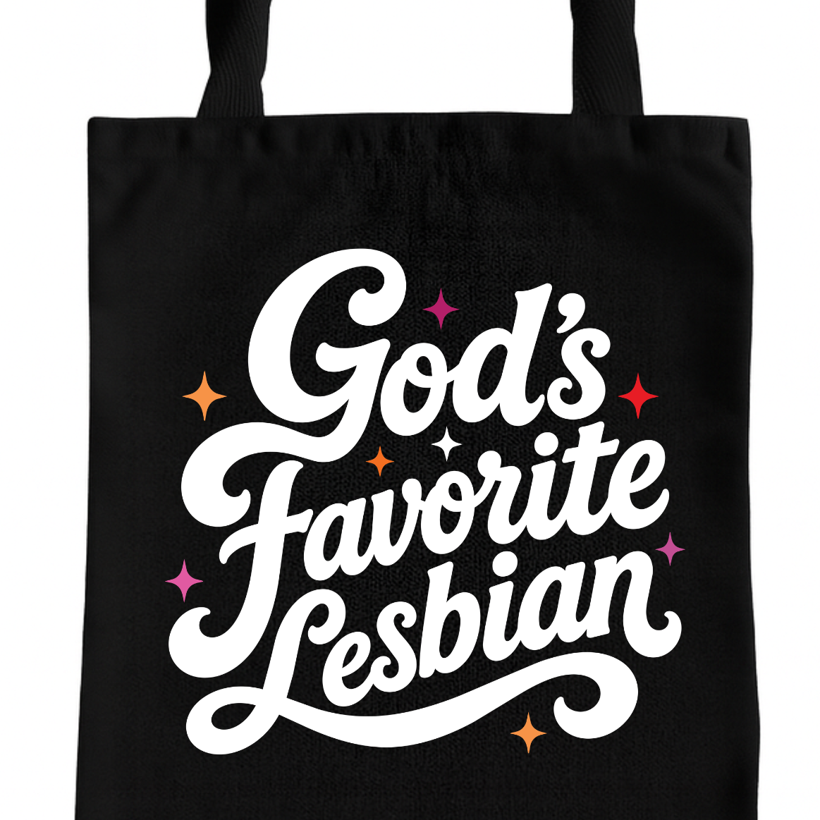 A black canvas tote bag with the phrase 'God's Favorite Lesbian' printed in large white cursive lettering, accented with small pink, orange, and purple stars, shown on a plain white background.