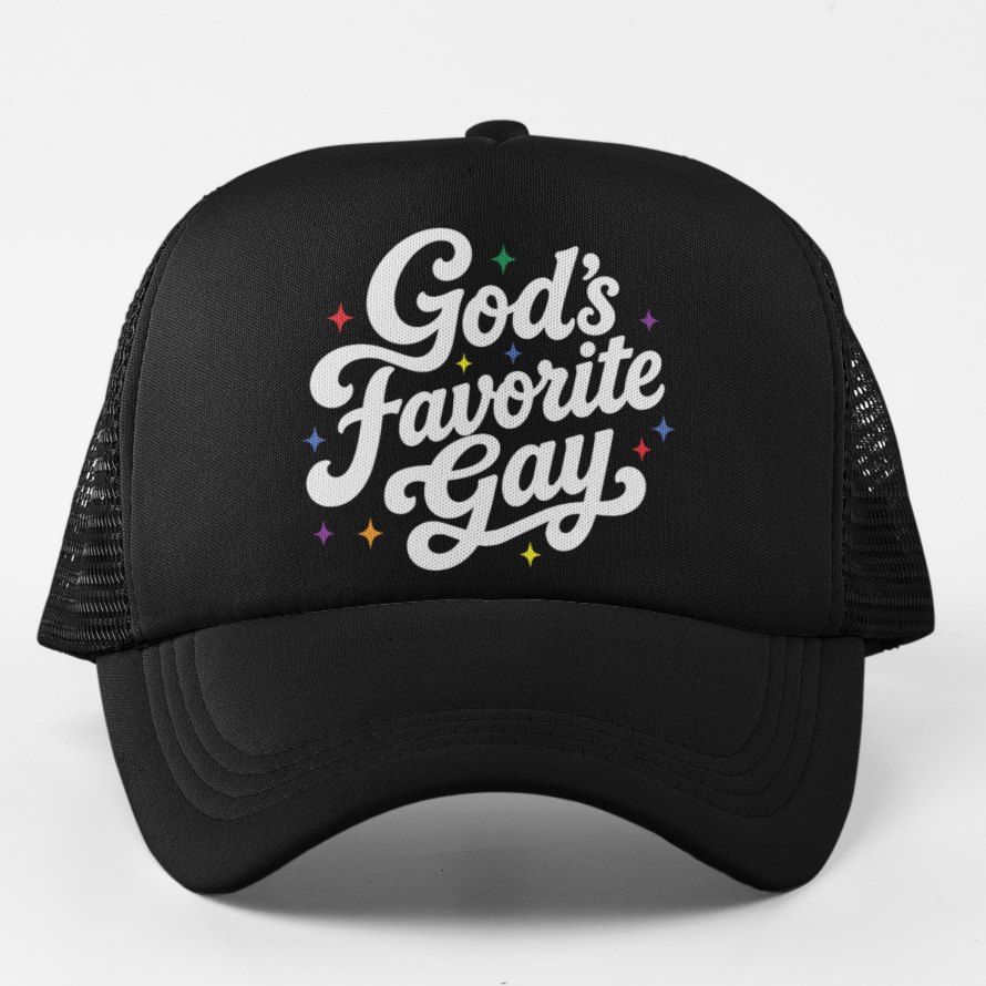 A black trucker-style baseball cap with 'God's Favorite Gay' printed in white script on the front, surrounded by small colorful stars, set against a plain white background.