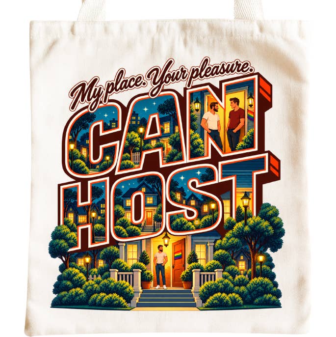 Can Host Tote Bag - retro postcard style gay humor design