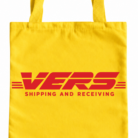 VERS Shipping and Receiving yellow tote bag with red lettering