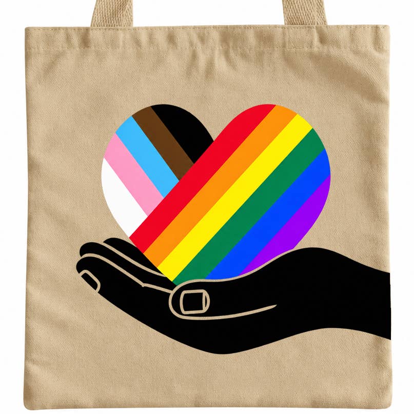 Pride Heart in Hand Tote Bag - rainbow heart held in hand