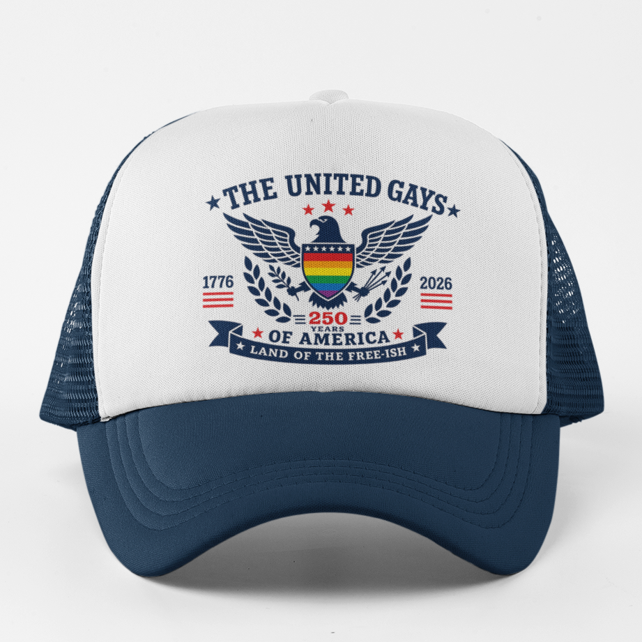 A black and white trucker hat with a graphic on the front panel that reads 'The United Queers' and features a multicolor pride flag design with an eagle crest.