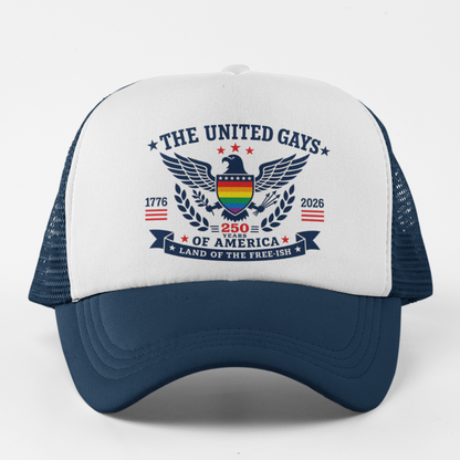 A black and white trucker hat with a graphic on the front panel that reads 'The United Queers' and features a multicolor pride flag design with an eagle crest.
