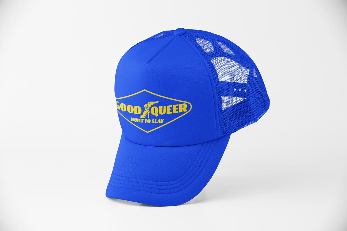 Good Queer Built to Slay Royal Blue Trucker Hat side view