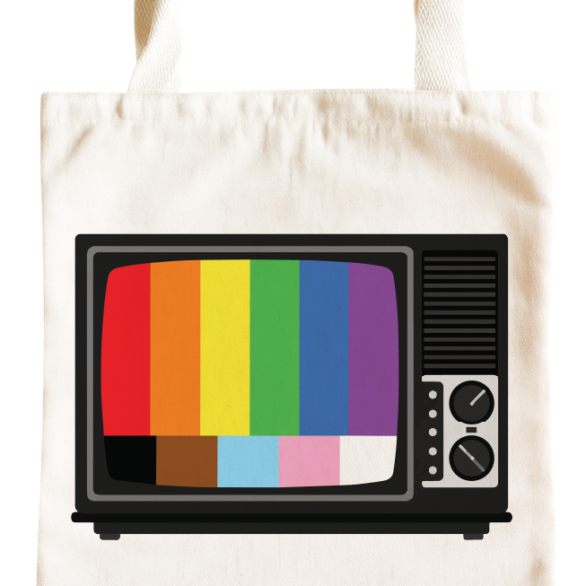 Retro TV Pride tote bag with rainbow test pattern screen