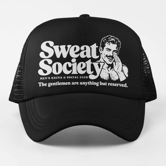 Sweat Society Trucker Hat - retro gay sauna club design on black