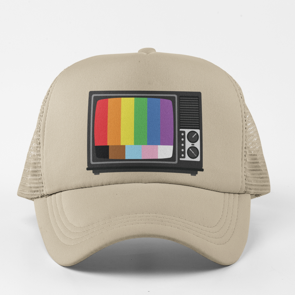 Retro Pride TV trucker cap with Progress Pride test pattern