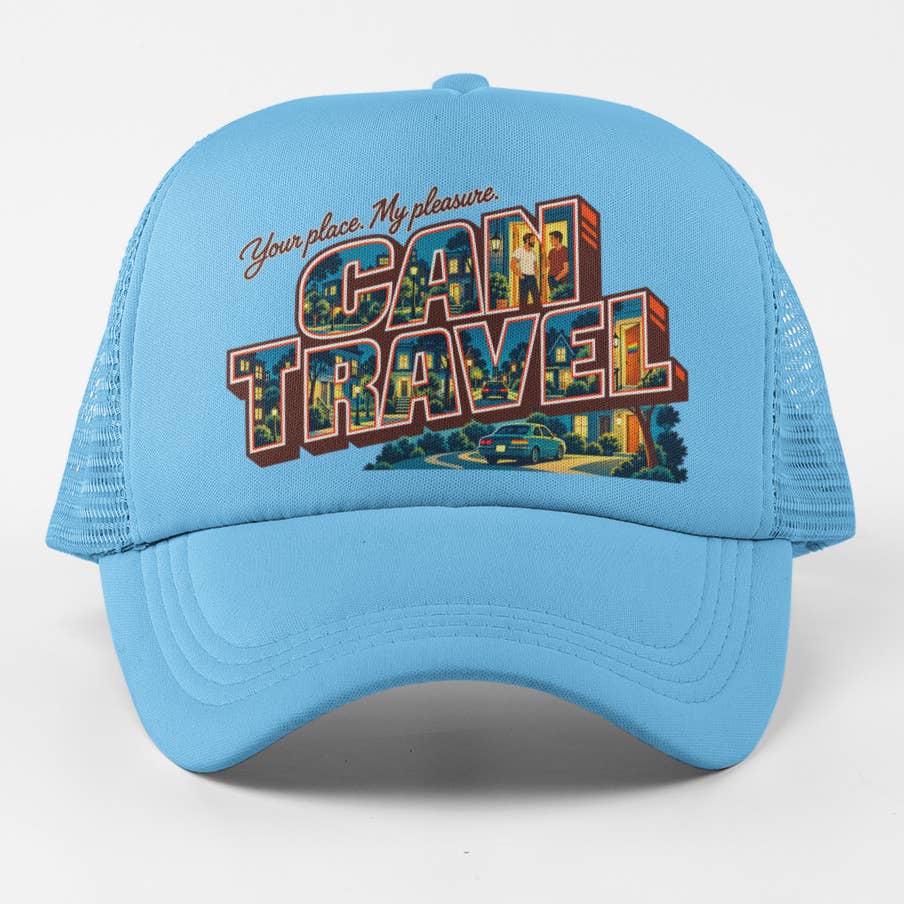 Can Travel Trucker Hat - light blue retro postcard design