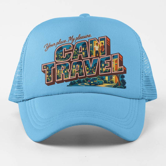 Can Travel Trucker Hat - light blue retro postcard design