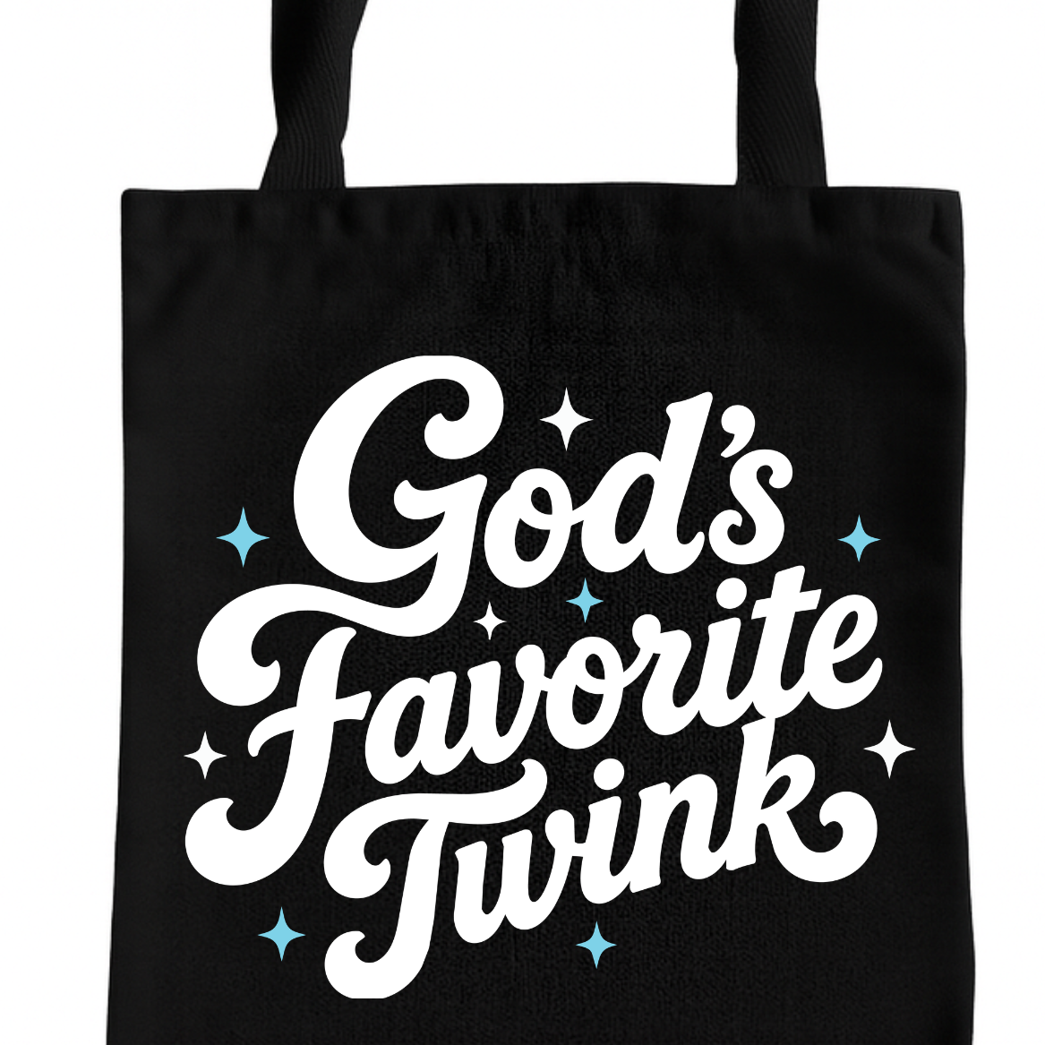 A black canvas tote bag with the phrase 'God's Favorite Twink' printed in a white retro-style font, accented with small light blue starburst shapes, shown against a plain white background.