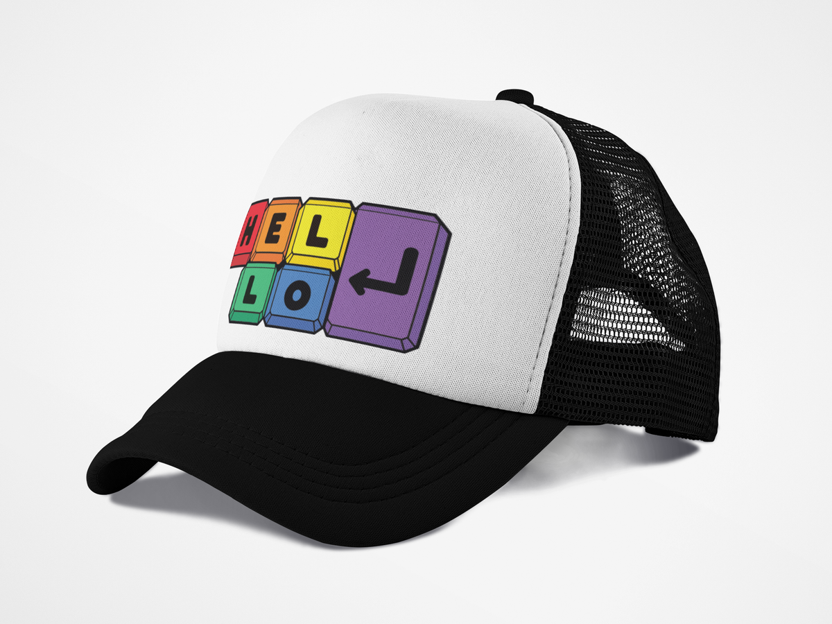 Hello Pride Rainbow Keyboard Trucker Hat side view
