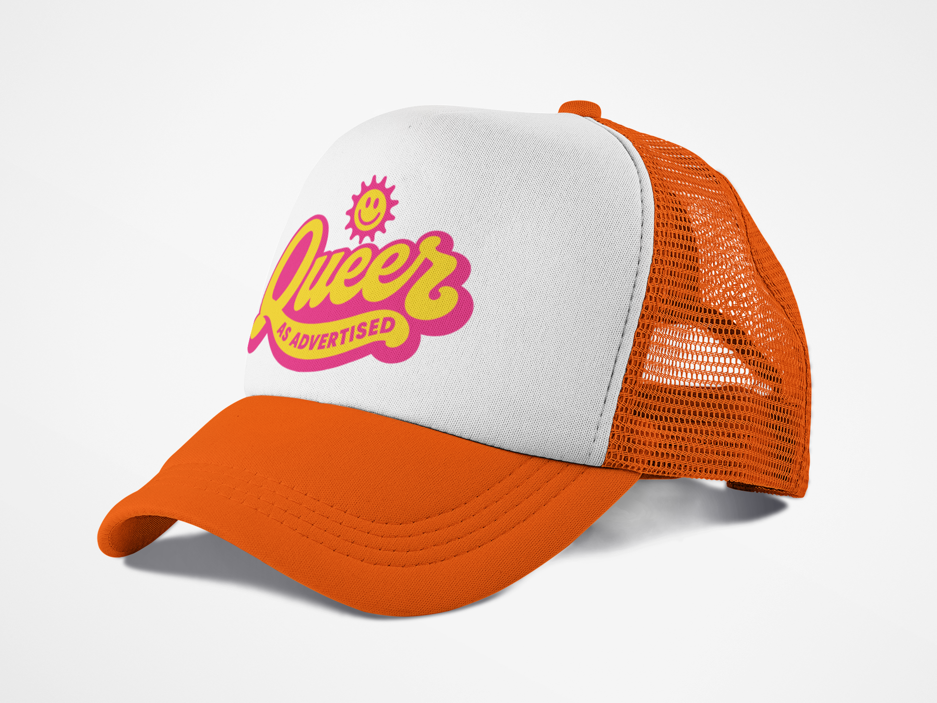 Queer As Advertised Trucker Hat – Retro LGBTQ+ Pride Snapback