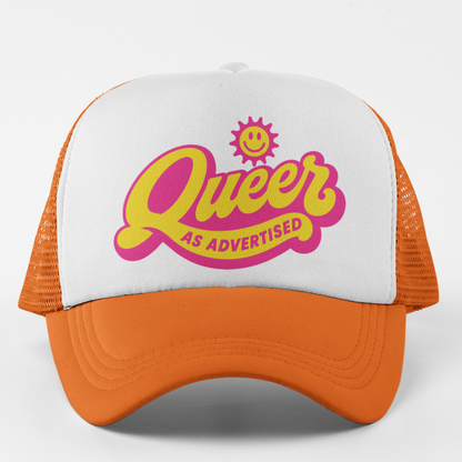 Queer As Advertised Trucker Hat – Retro LGBTQ+ Pride Snapback