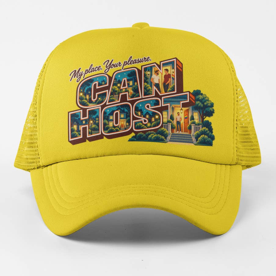 Can Host Trucker Hat - yellow retro postcard design