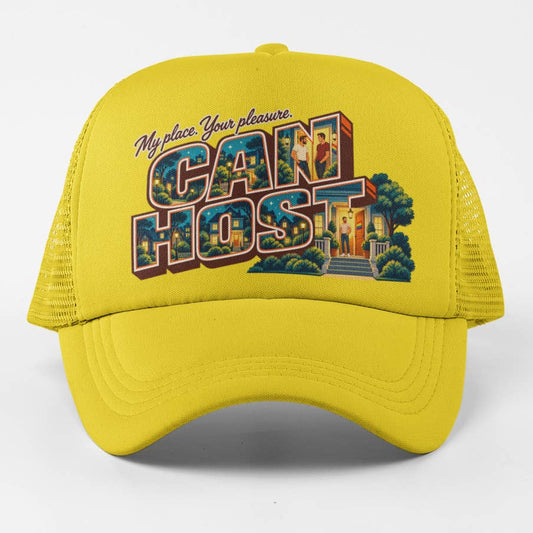 Can Host Trucker Hat - yellow retro postcard design