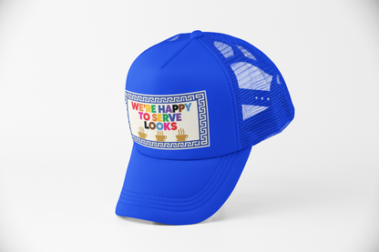 We're Happy to Serve Looks Pride Trucker Hat side view