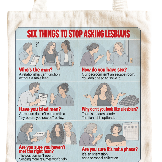 Six Things to Stop Asking tote bag - Lesbian design