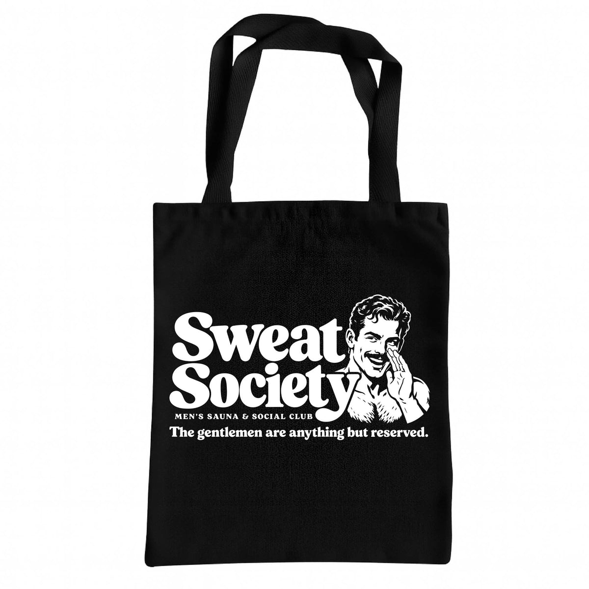 Sweat Society Tote Bag - retro men's sauna and social club design on black