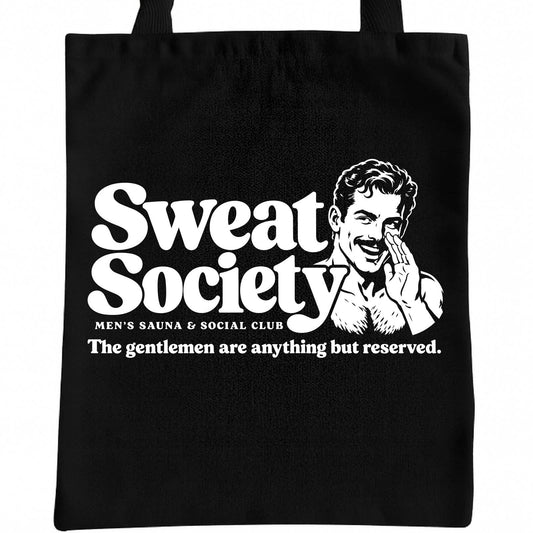 Sweat Society Tote Bag - retro men's sauna and social club design on black