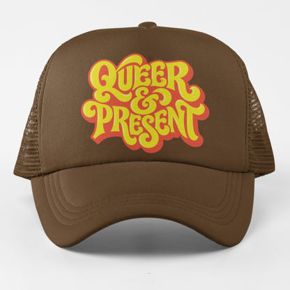 Queer & Present brown trucker hat front