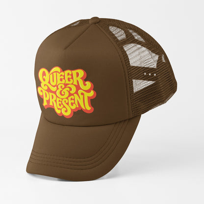 Queer & Present brown trucker hat side