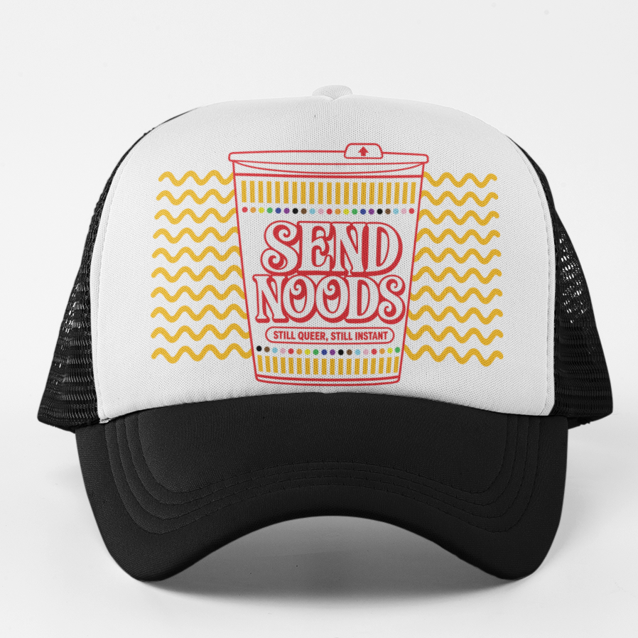 A black and white trucker hat featuring a graphic print of a ramen cup with the text 'SEND NOODS' in pink and yellow on a white front panel, set against a clean white background.