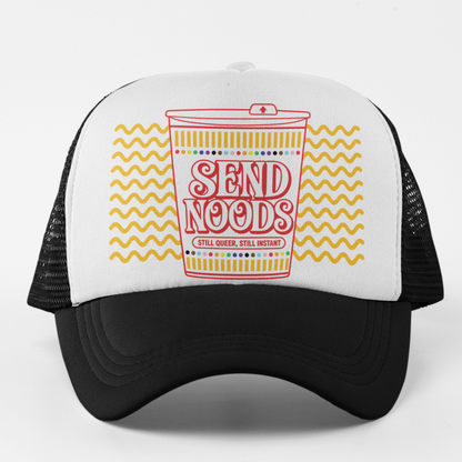 A black and white trucker hat featuring a graphic print of a ramen cup with the text 'SEND NOODS' in pink and yellow on a white front panel, set against a clean white background.