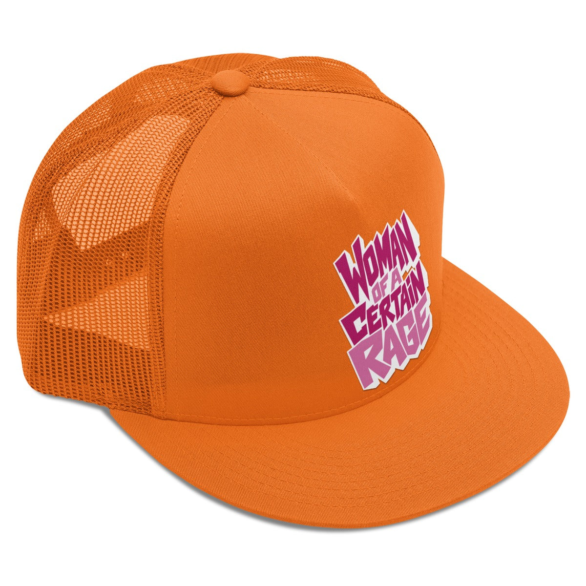 Woman of a Certain Rage Trucker Hat - orange with pink lettering, side