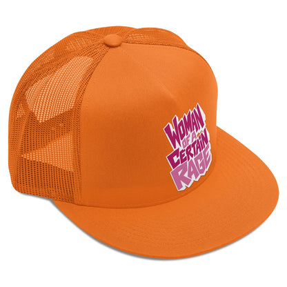 Woman of a Certain Rage Trucker Hat - orange with pink lettering, side