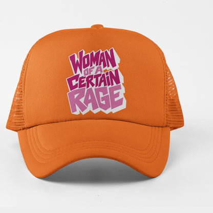 Woman of a Certain Rage Trucker Hat - orange with pink lettering, front
