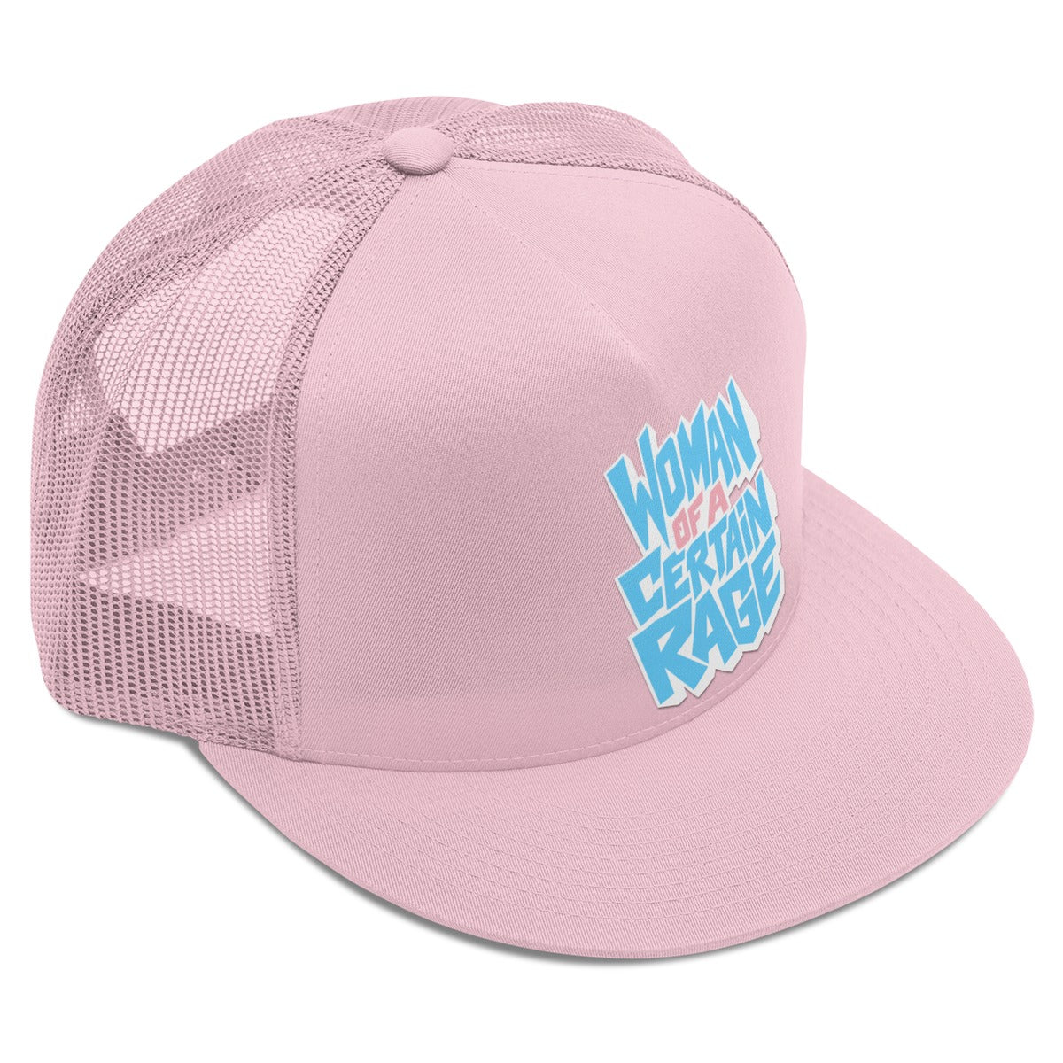 Woman of a Certain Rage Trucker Hat - pink with blue lettering, side