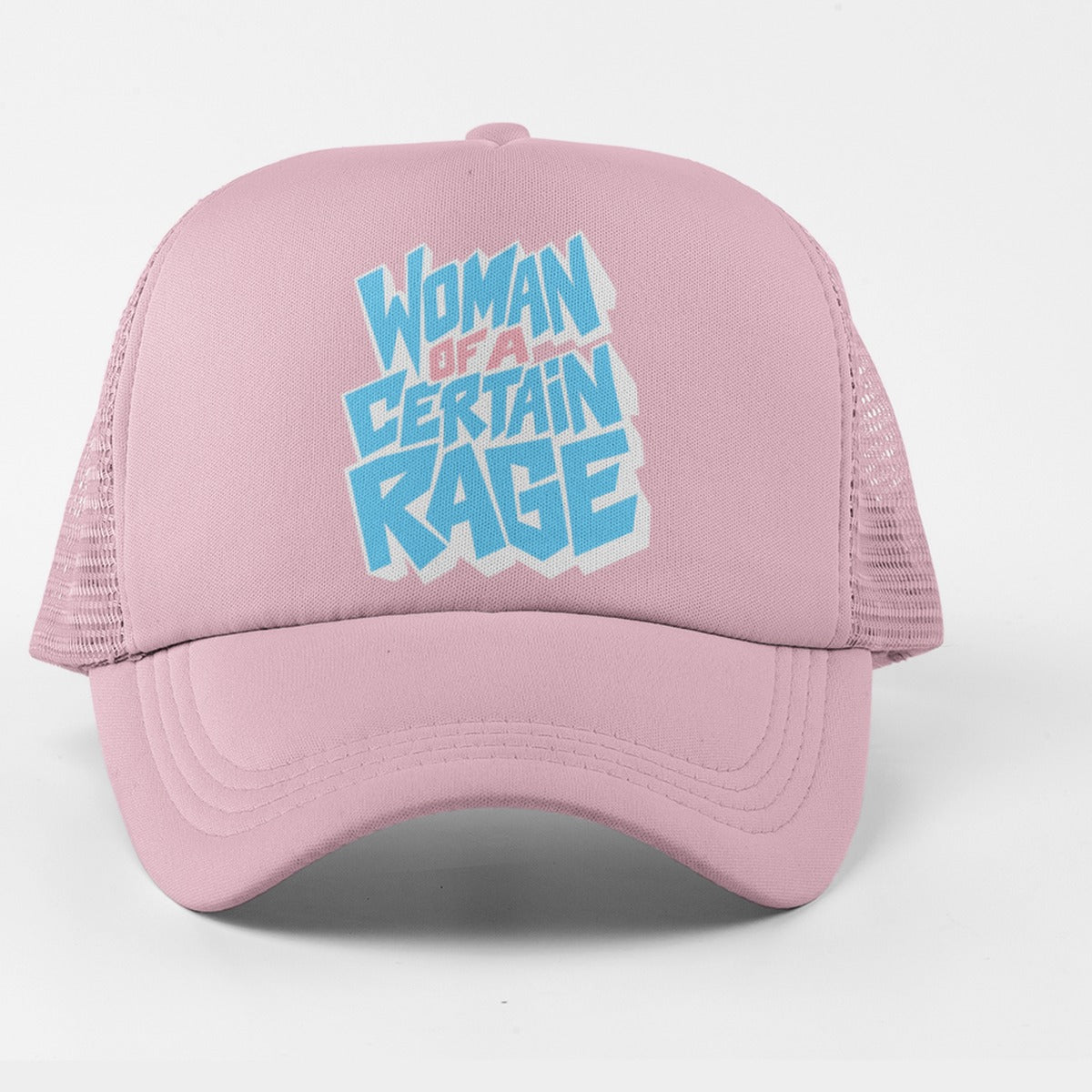 Woman of a Certain Rage Trucker Hat - pink with blue lettering, front